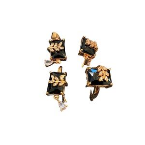 Gold-Tone Black Crystal Leaf Accent Earrings and Ring Set